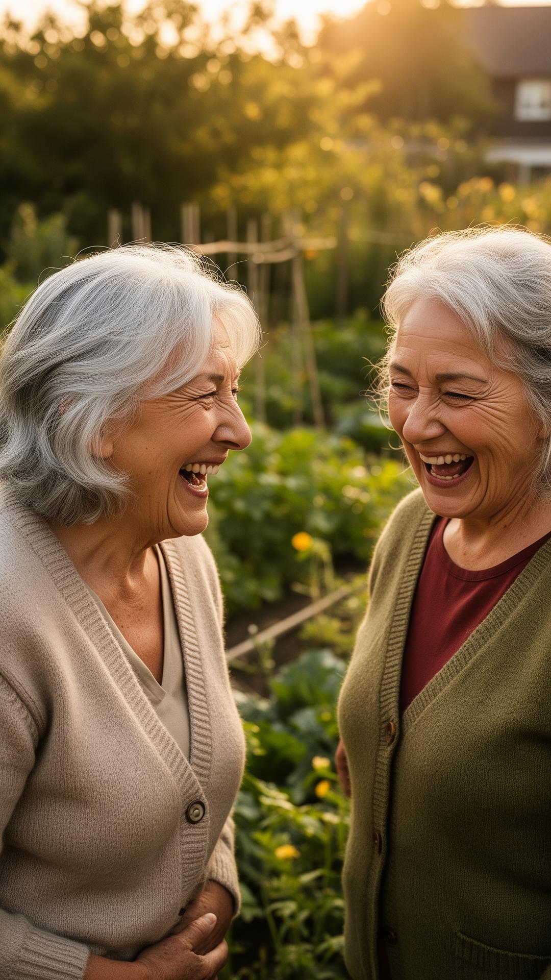 Two older European women laughing together in a community garden